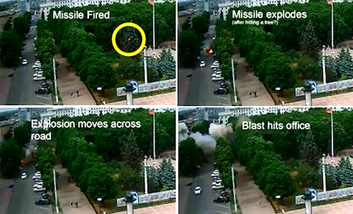 La sequenza della caduta del missile sul parco e dell'esplosione in quattro fermi immagine, tratti da uno dei filmati che abbiamo deciso di mostrarvi.