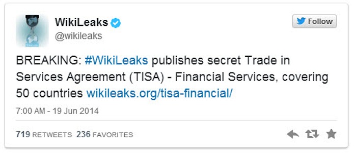 Il tweed di Wikileaks che annuncia la pubblicazione di alcuni stralci del Trattato sugli scambi nei servizi (Tisa).