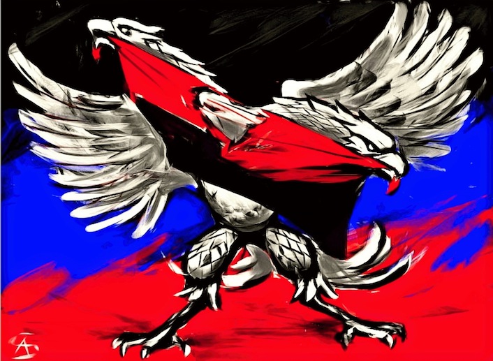 L'aquila della Repubblica del popolo del Donetsk sbrana la bandiera rosso-nera del partito nazista ucraino Pravy Sektor, che combatte in prima linea contro i separatisti.