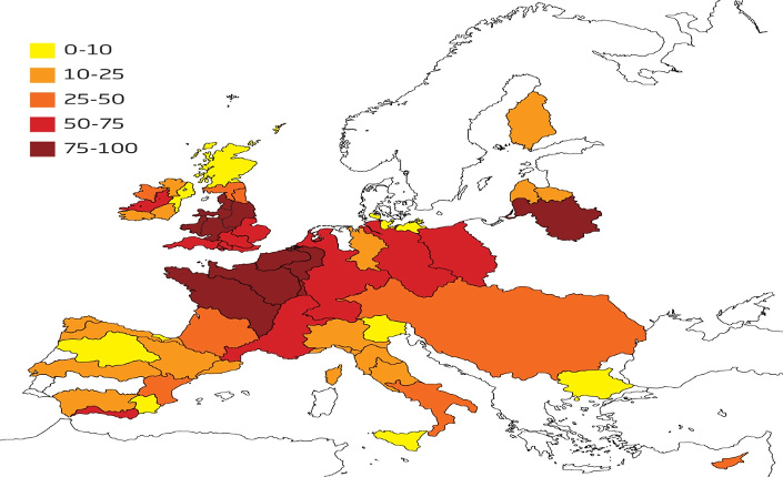 DANNI CRONICI. Questa mappa mostra la percentuale di siti in ciascun bacino idrografico europeo in cui i livelli di inquinamento sono non-letali, ma possono causare danni a lungo termine. Fonte: http://www.newscientist.com/article/dn25737-the-most-polluted-rivers-and-streams-in-europe.html
