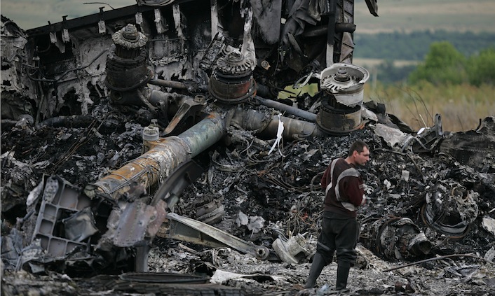 I rottami dell'aereo malese, precipitato nell'Ucraina orientale. 