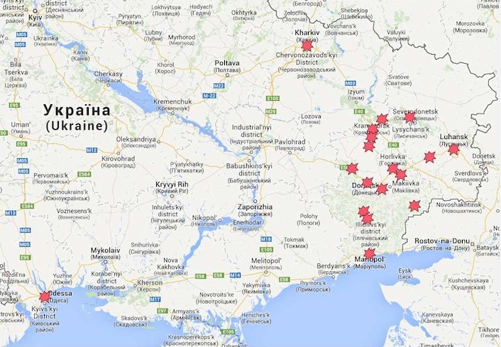 La mappa della guerra civile in Ucraina. Lugansk si trova vicino al confine russo, all'estremo est del Paese.