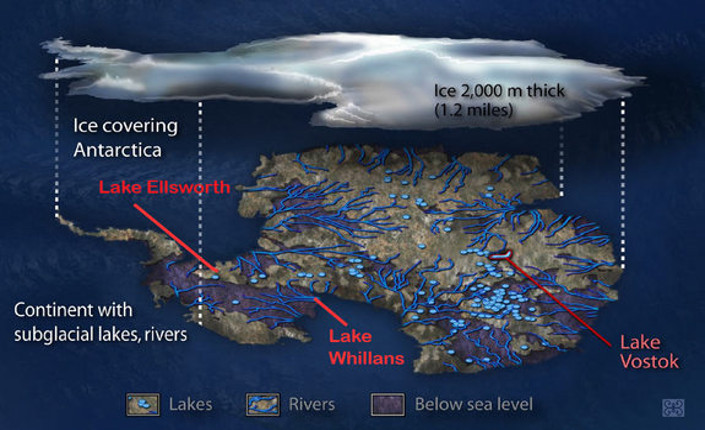 Mappa di laghi e fiumi sotto la calotta glaciale dell'Antartide