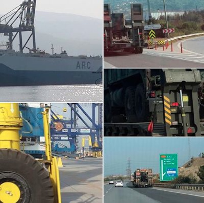 Nel collage di foto, le immagini di uno dei camion militari che hanno trasportati armi dalla nave Usa alle basi dell'Isis in territorio siriano. 