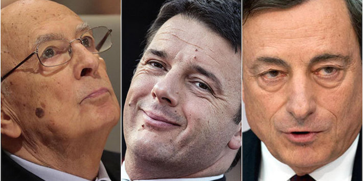 Da sinistra, il presidente della Repubblica Giorgio Napolitano, il presidente del consiglio Matteo Renzi, il presidente della Banca centrale europea Mario Draghi. Secondo Magaldi, Napolitano e Draghi sono massoni, mentre Renzi sarebbe solo un aspirante muratore.