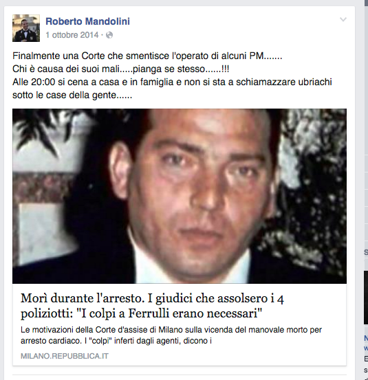 dal profilo fb di uno dei carabinieri indagati del processo Cucchi