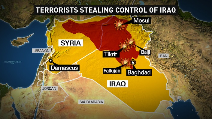L'area della Siria e dell'Iraq in mano ai jihadisti dell'Isil.