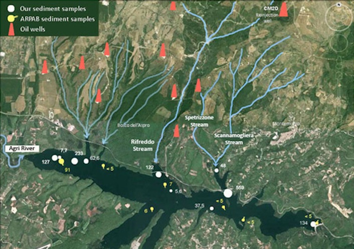 La mappa creata dalla professoressa Colella. I coni rossi rappresentano i pozzi di petrolio: come si vede, si trovano in prossimità degli immissari del lago Pertusillo. I puntini bianchi rappresentano i sedimenti studiati dalla professoressa Colella, quelli gialli quelli studiati dall’Arpab. Più larghi sono i pallini, più è alta la concentrazione di idrocarburi totali nei sedimenti. Il limite di riferimento è di sessanta milligrammi per chilo: circa il settanta per cento dei pallini supera questo limite. Il pallino più grande, presenta una concentrazione di 559 milligrammi per chilo. I campioni con la maggiore concentrazione di idrocarburi si trovano lungo il margine settentrionale del lago, ovvero quello petrolizzato.