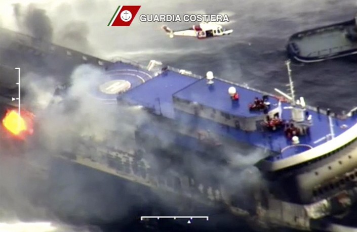 Handout video grab showing car ferry Norman Atlantic burning in waters off Greece