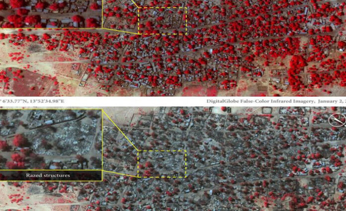 Foto Sat.Epa- in alto, in rosso, la vegetazione di Baga prima degli attacchi