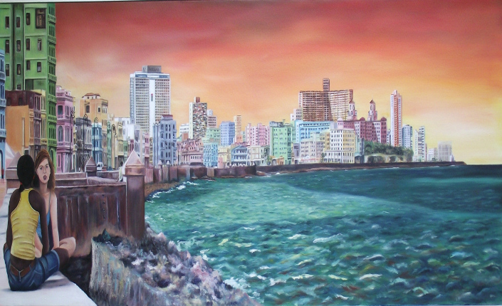 La Habana il Malecòn visto dalla pittrice Nieves García Segovia in arte Nigase. Collezione Colores de Cuba