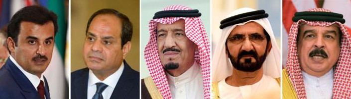 Da sinistra a destra l’emiro del Qatar, lo sceicco Tamin bin Hamad al-Thani - il presidente egiziano Abdel Fattah al-Sisi - il re Salman dell’Arabia Saudita - il primo ministro degli Emirati Arabi Uniti e governatore di Dubai sceicco Mohammed bin Rashid al-Maktoum – il re del Baharain Hamad bin Issa al-Khalia (Mandel Ngan/AFP)