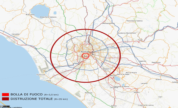 Raggio di azione di una Bomba Zar se esplodesse su Roma. Fonte: Wikipedia