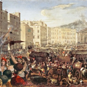 Tommaso Aniello (Masaniello) arringa il popolo napoletano in una stampa allegorica